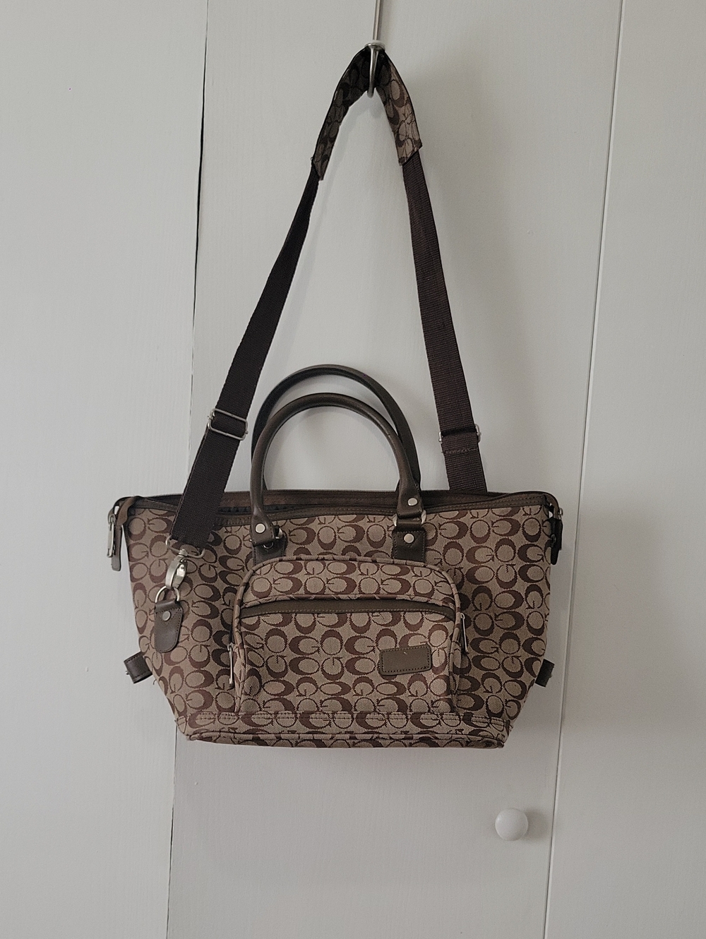 Patterned Brown Satchel with Adjustable Strap